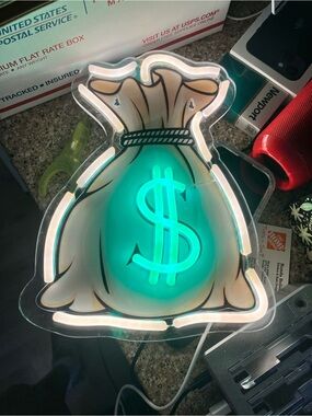 LED Neon Money Bag Sign with Power USB Coord 11” X 9”